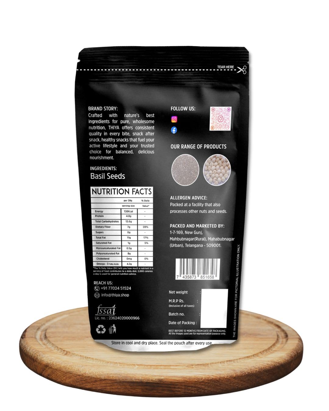 THIYA Premium Basil Seeds, 200g, Rich in Fiber and Antioxidants